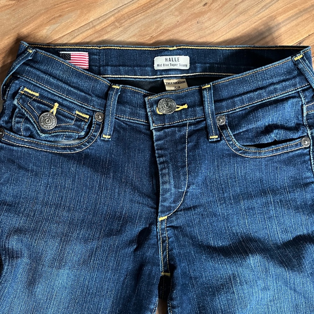 True Religion Halle Mid Rise Super Skinny Jeans - Dark Blue with Gold Stitching